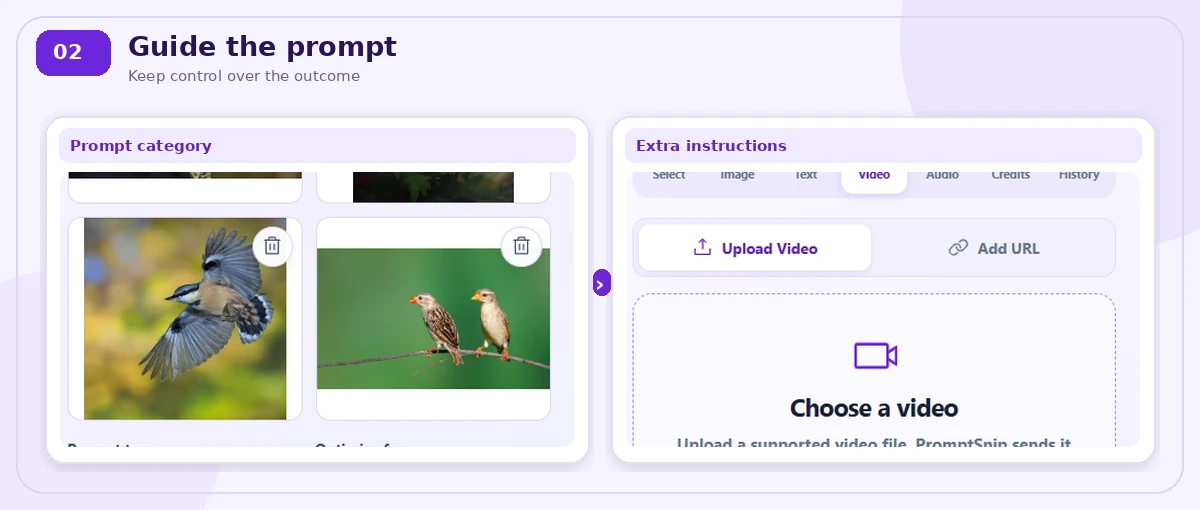Focused PromptSnip prompt category and additional instructions controls