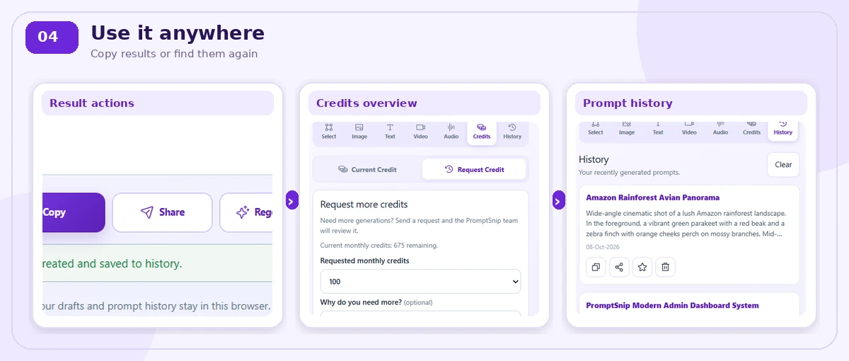 PromptSnip result actions, credits and previously saved prompt history