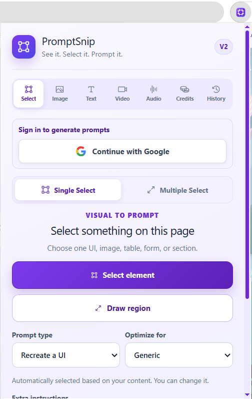 PromptSnip extension Select workflow