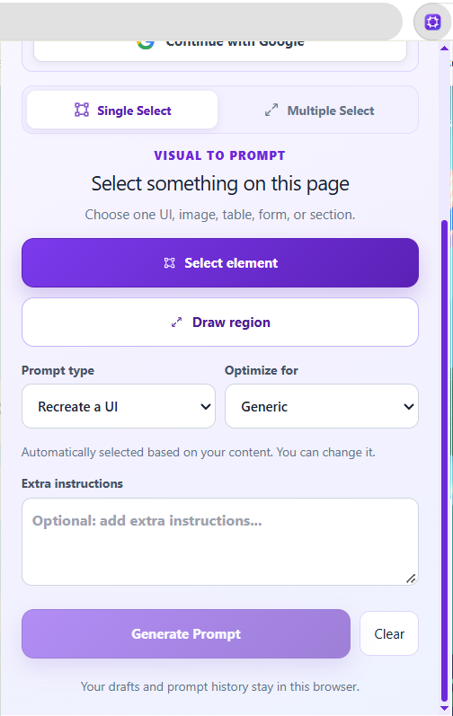 PromptSnip Page selection interface screenshot