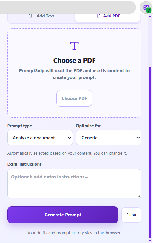 PromptSnip Text & PDF interface screenshot