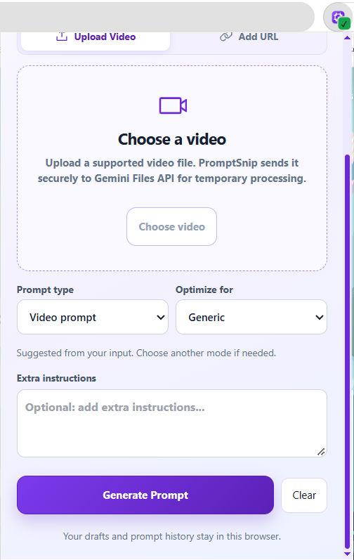 PromptSnip Video & audio interface screenshot