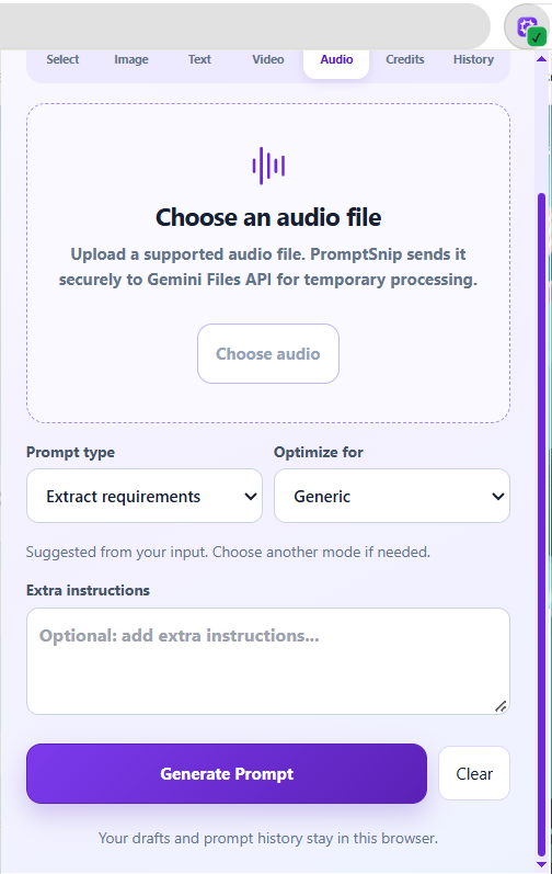 PromptSnip Audio: Audio upload