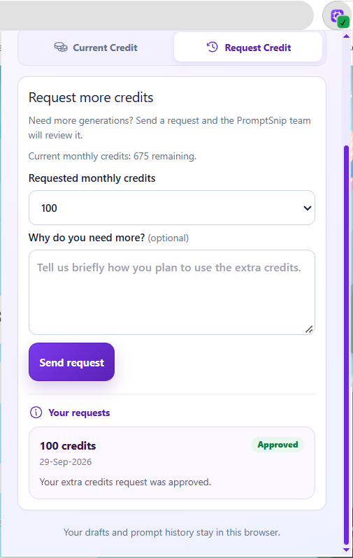 PromptSnip Credits: Request credits