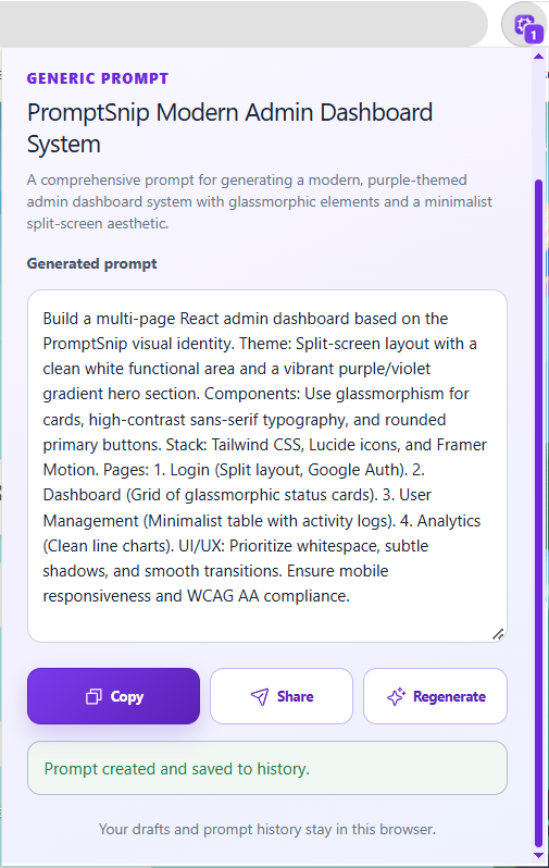 PromptSnip generated prompt screen with copy, share and regenerate options